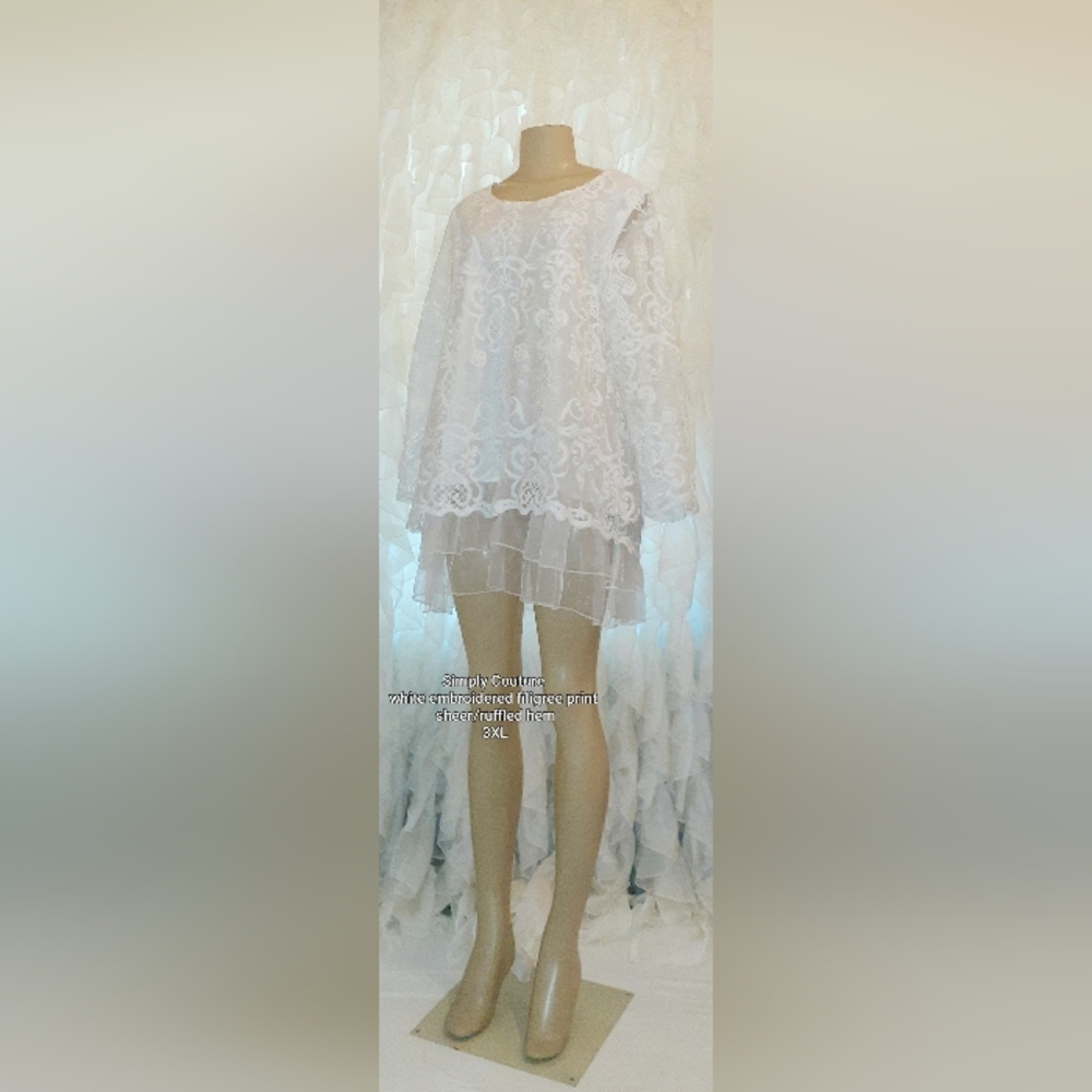 Simply Couture | White Embroidered Filigree Tunic Style Top Sheer Ruffles 3XL